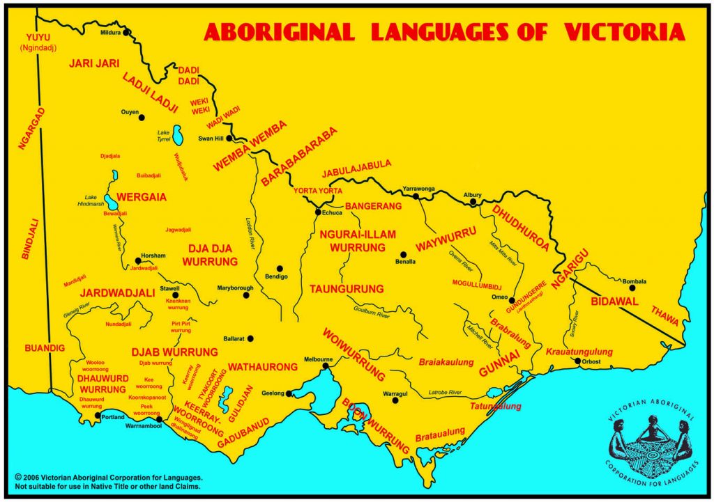 A map of Victoria showing areas where the 39 Aboriginal languages were or still are spoken.