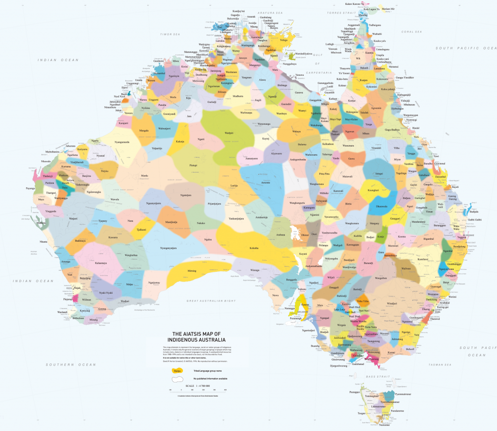 A map of Australia that shows bordering states of different Aboriginal and Torres Strait Islander groups.